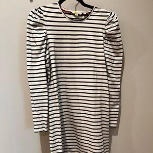 Boden Ruched-Sleeve Shift Dress in Black and White Stripe, Size 12L